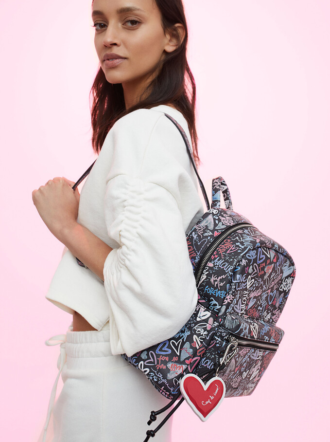 Printed Backpack With Heart Pendant, Black, hi-res