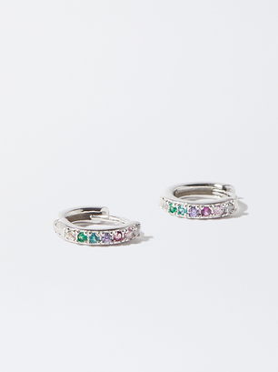 925 Silver Personalised Hoop Earrings With Zirconias, Multicolor, hi-res