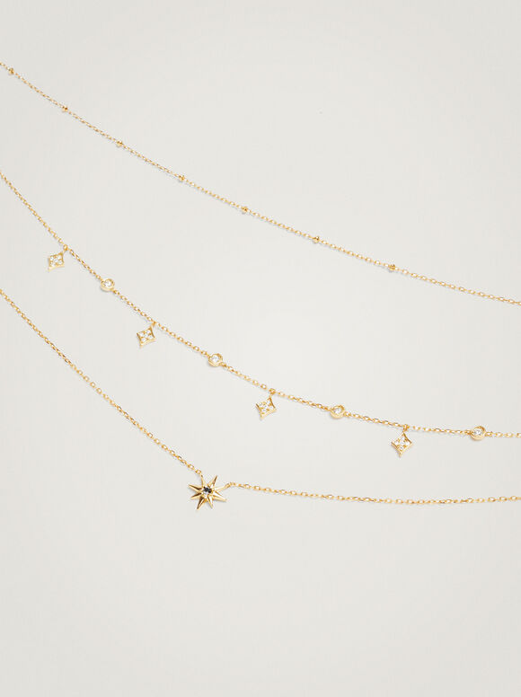 Set Of 925 Silver Necklaces With Stars And Zirconia, Golden, hi-res