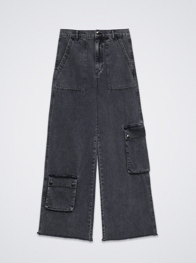 Pantalon En Jean Style Militaire, Gris, hi-res