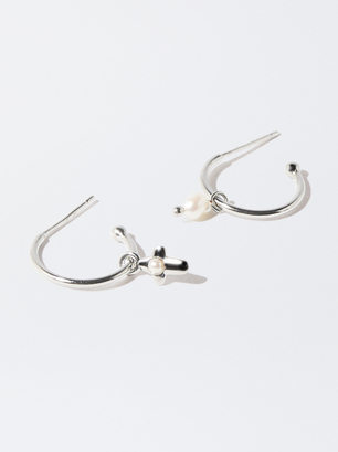 925 Silver Hoop Earrings With Freshwater Pearls, White, hi-res