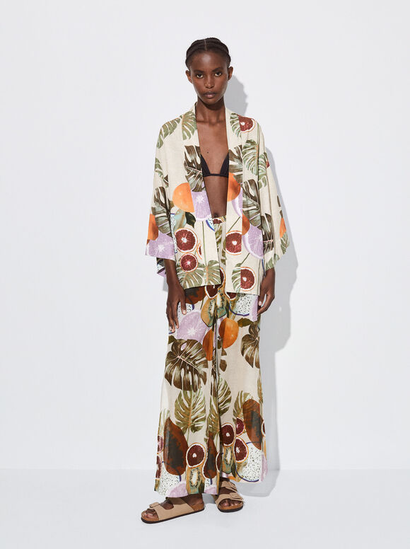 Printed Open Kimono , Multicolor, hi-res