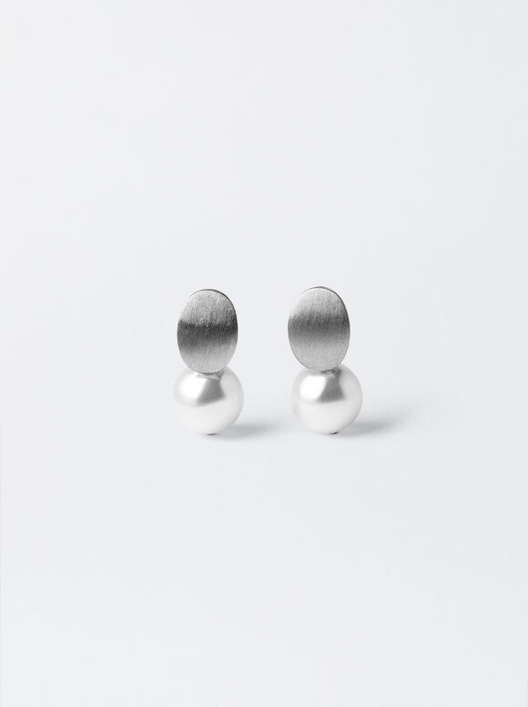 Silver-Toned Earrings With Stone, White, hi-res