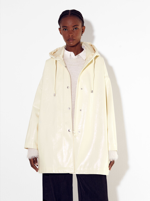 Online Exclusive - Patent Parka With Hood, Beige, hi-res