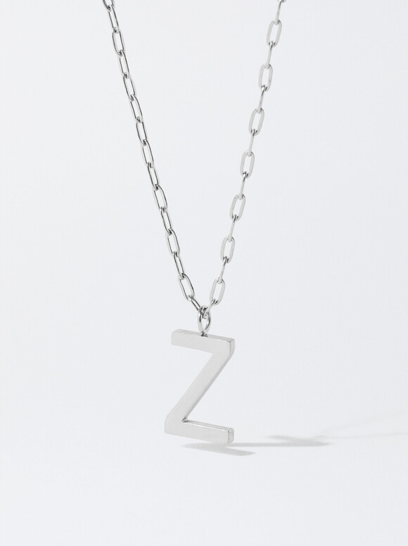 Online Exclusive - Stainless Steel Silver Letter Necklace, Silver, hi-res