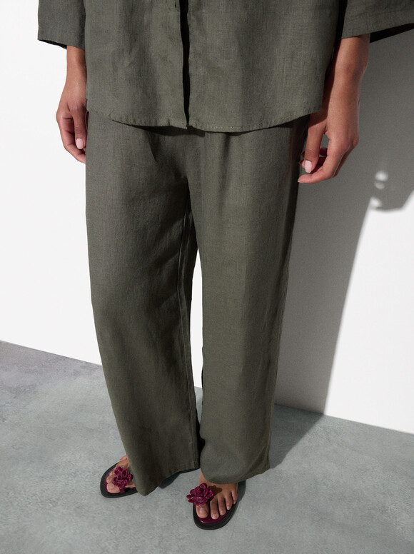 100% Linen Trousers, Green, hi-res