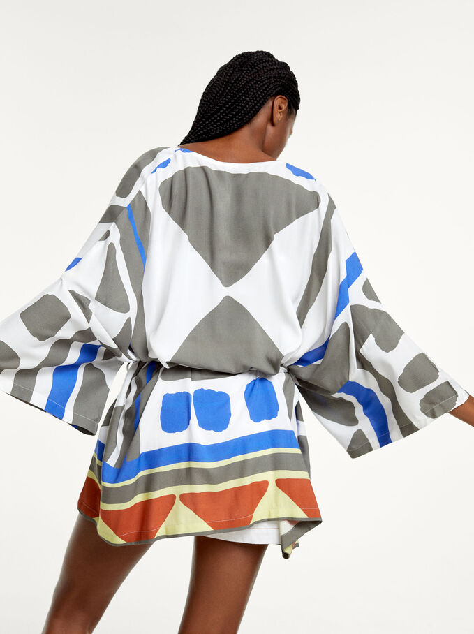 Printed Kimono With Belt, Grey, hi-res