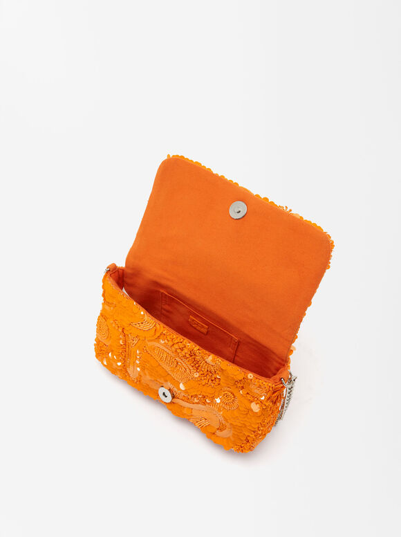Party Handbag With Sequins And Beads, Orange, hi-res