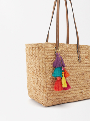 Straw Effect Shopper Bag With Pendant, NC, hi-res