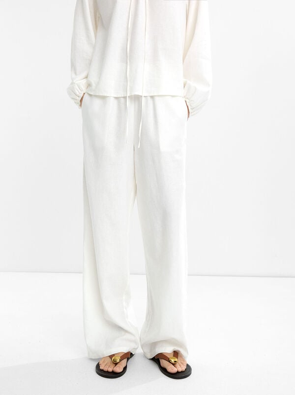 Trousers with linen elastic waistband