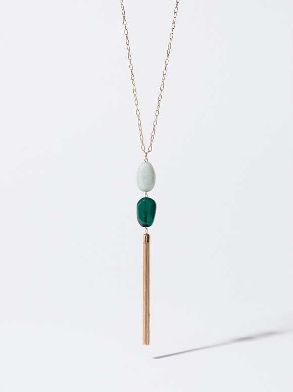 Golden Necklace With Resin, Green, hi-res