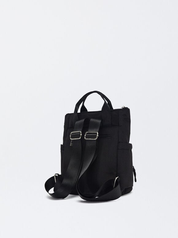 Nylon Backpack With Pendant, Black, hi-res
