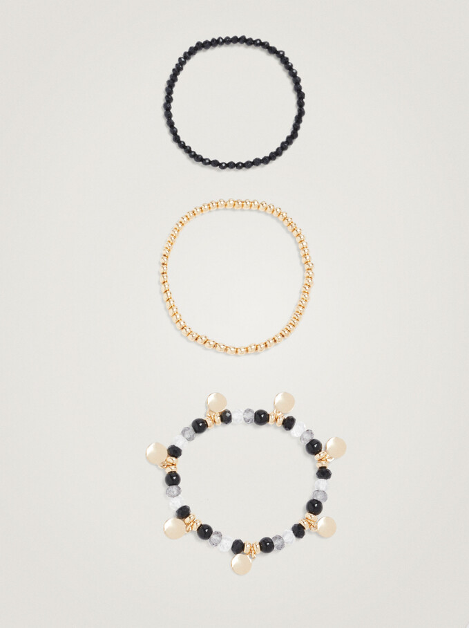 Set Of Elastic Bracelets With Medals, Black, hi-res