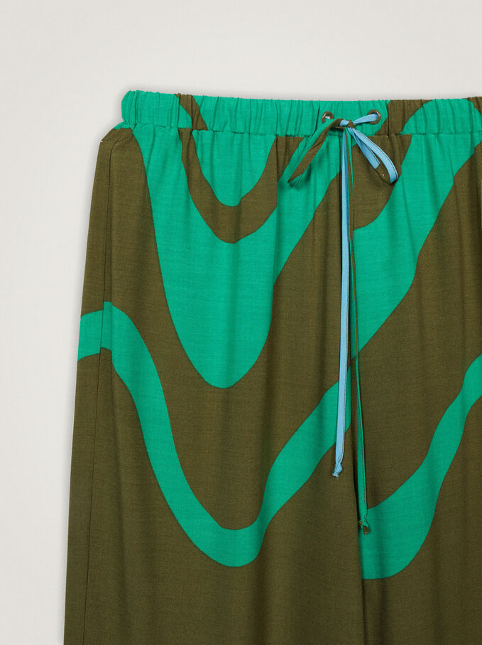 Printed Loose-Fitting Trousers, Khaki, hi-res