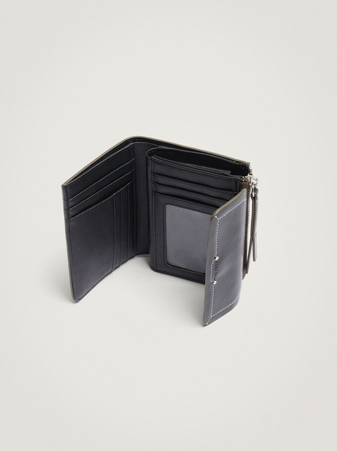 Patchwork Design Compact Wallet, Black, hi-res