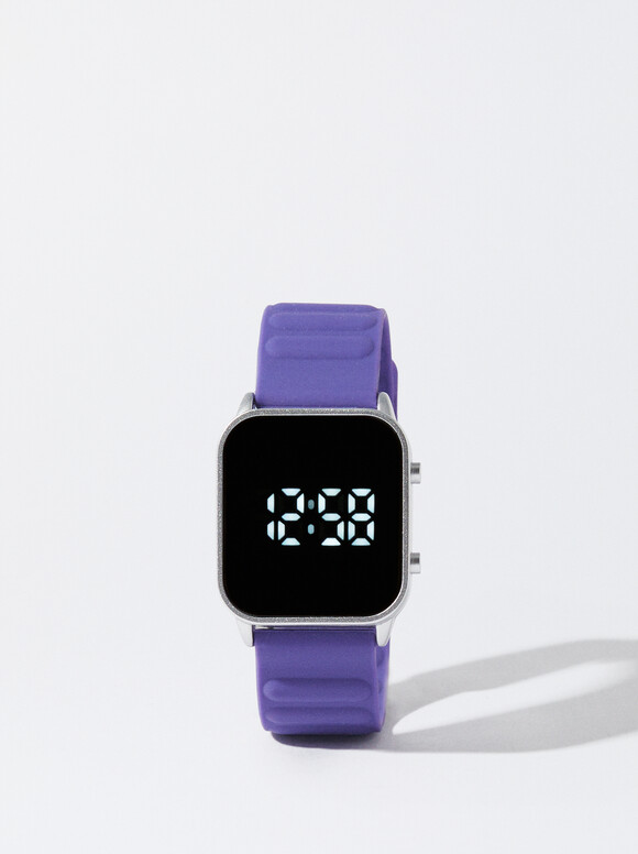 Digital Watch With Silicone Strap, Purple, hi-res