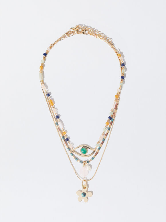 Set Of Necklaces With Stone And Pearl, Multicolor, hi-res
