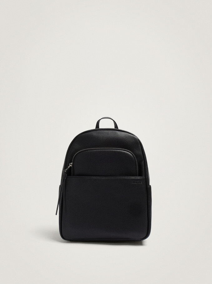 Embossed Backpack With Exterior Pockets, Black, hi-res