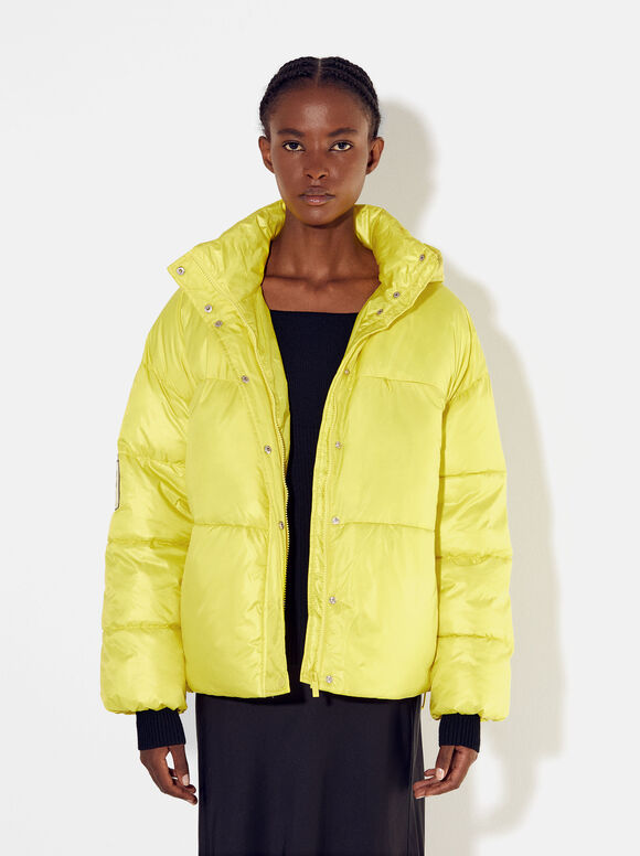 High-Neck Quilted Coat, Yellow, hi-res