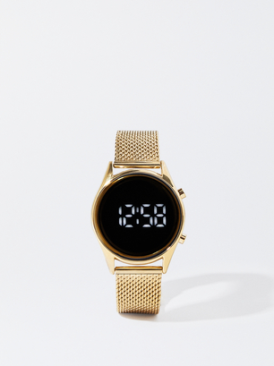 Digital Stainless Steel Watch, Golden, hi-res