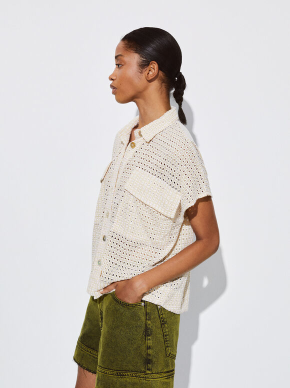 Cotton Shirt With Embroidery, Ecru, hi-res
