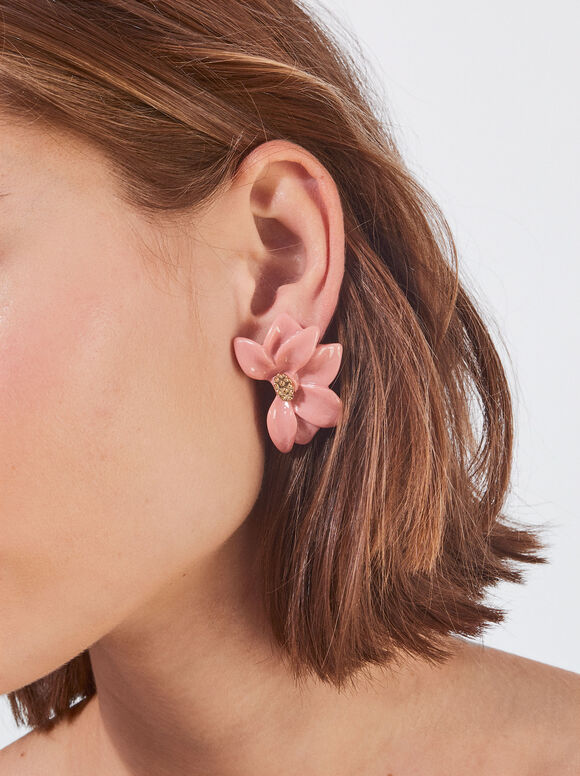 Flower Earrings With Resin, Pink, hi-res