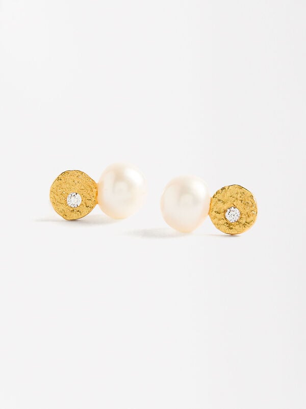 Short earrings with freshwater pearls and zircons - 925 sterling silver