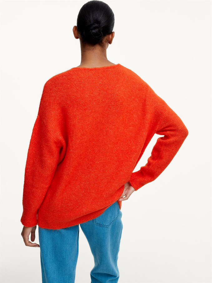 Knitted V-Neck Sweater, Orange, hi-res