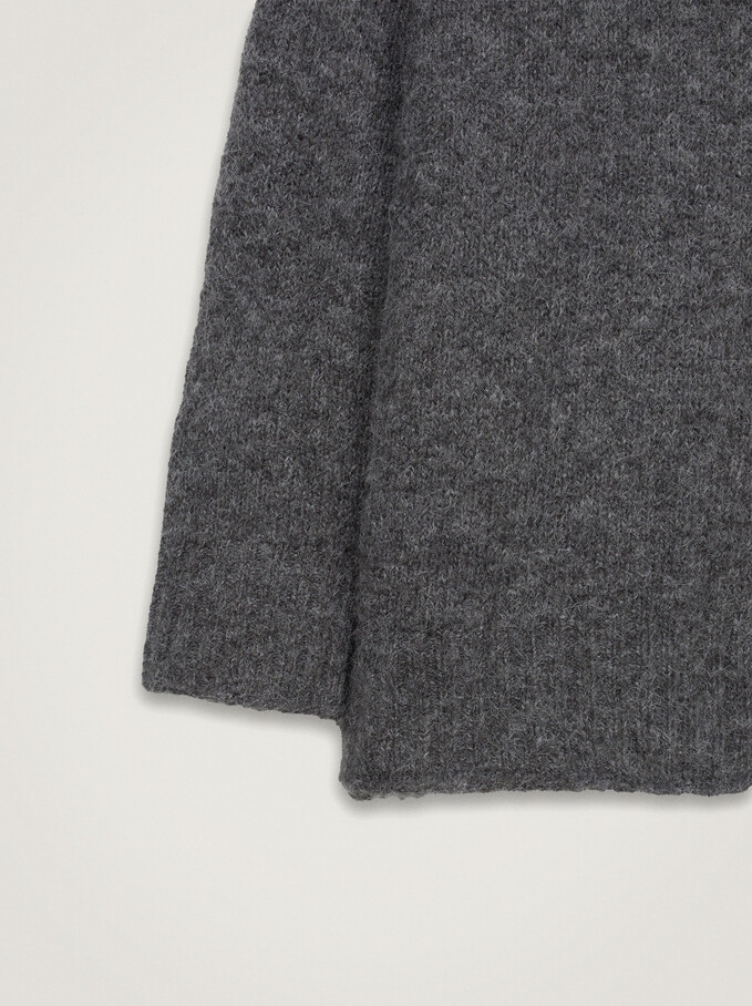 Knitted Perkins Neck Sweater, Grey, hi-res