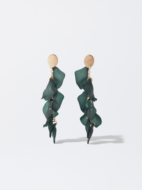 Steel Earrings With Petals, Green, hi-res