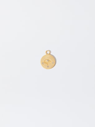 925 Silver Eye Medal Charm, Golden, hi-res