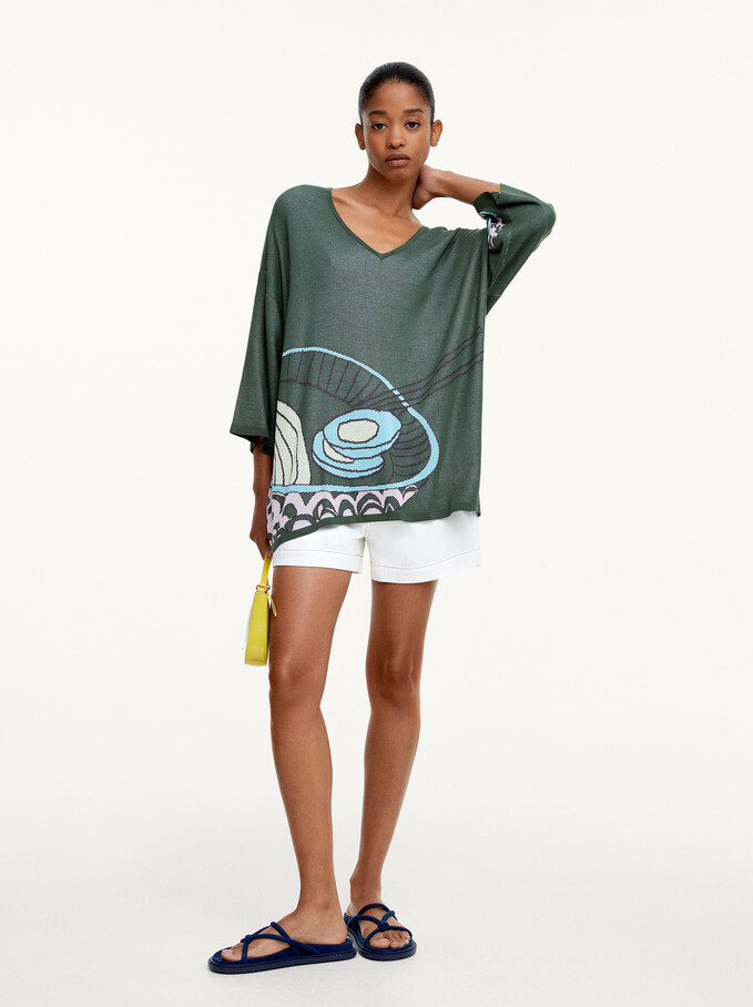 Jacquard V-Neck Sweater, Green, hi-res