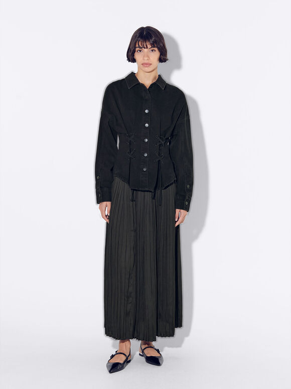 Long Pleated Skirt, Black, hi-res