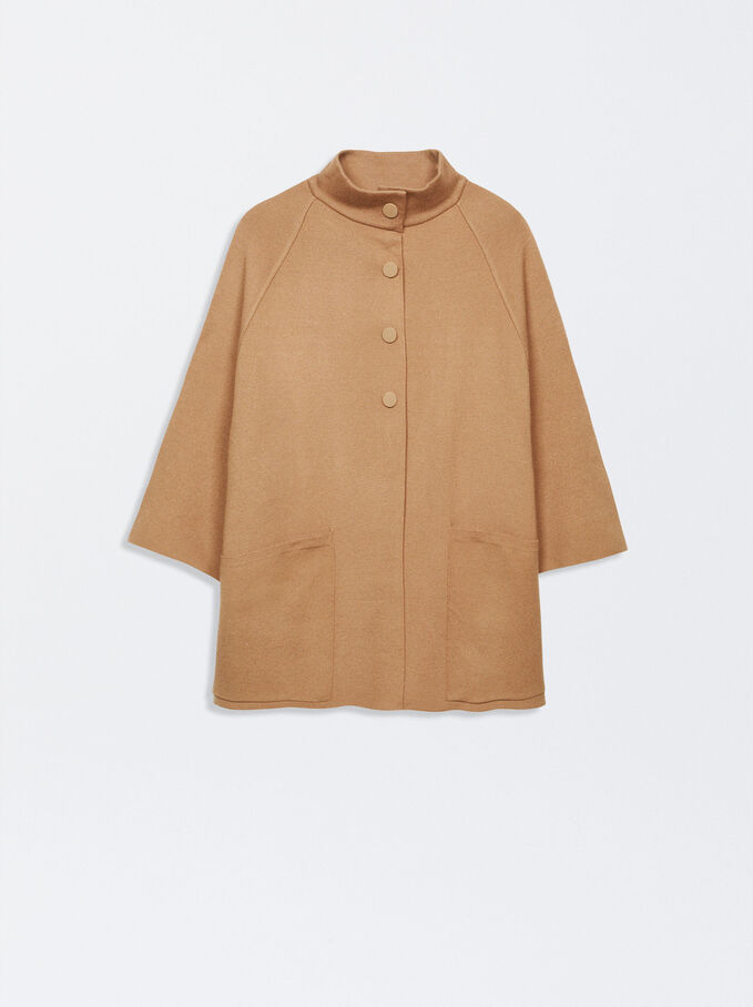 Knit Poncho With High Neck, Camel, hi-res