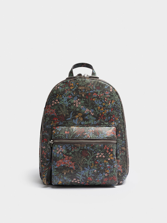 Floral Print Backpack, Grey, hi-res