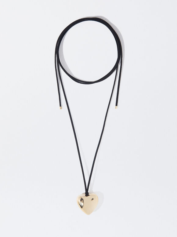 Cord Necklace With Heart, Black, hi-res