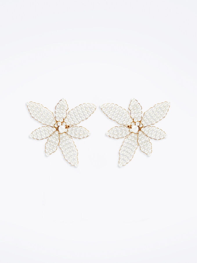 Flower Earrings With Faux Pearls, Golden, hi-res