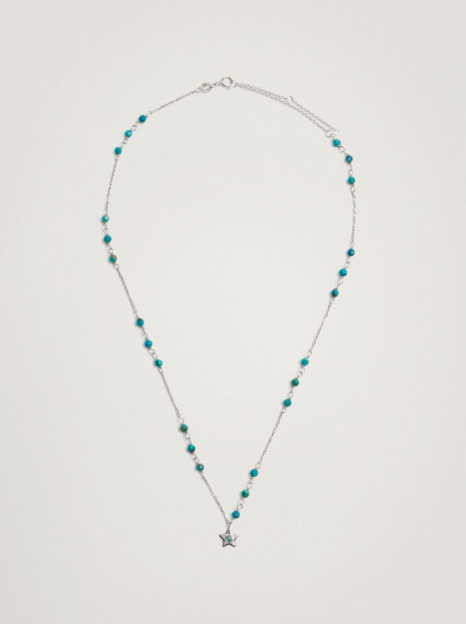 Short 925 Silver Necklace With Semiprecious Stone, Blue, hi-res