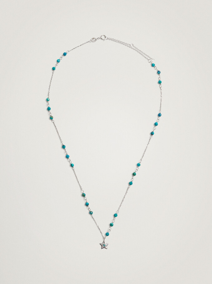 Short 925 Silver Necklace With Semiprecious Stone, Blue, hi-res