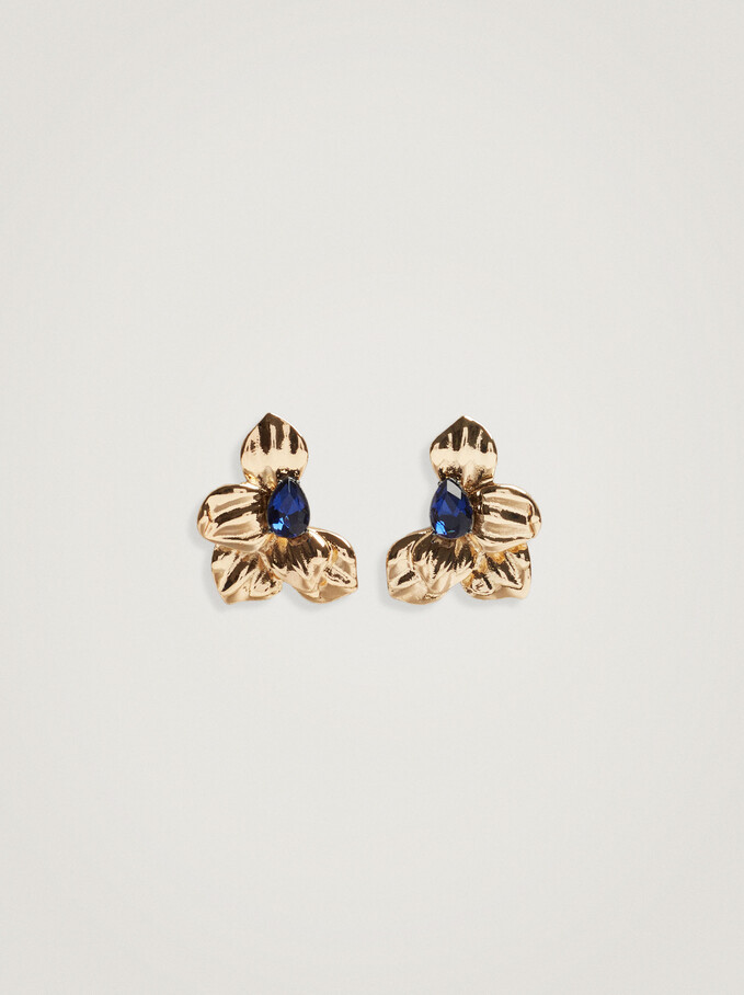 Flower And Crystal Earrings, Blue, hi-res