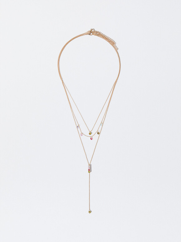 Golden Necklace With Crystals, Multicolor, hi-res