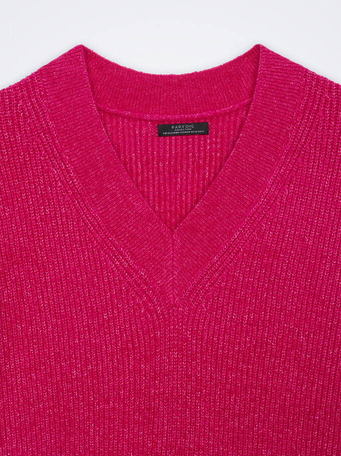 Knitted V-Neck Sweater, Fuchsia, hi-res