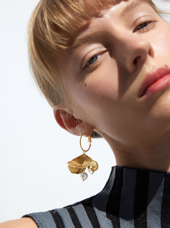 Golden Hoop Earrings With Pearls, Golden, hi-res
