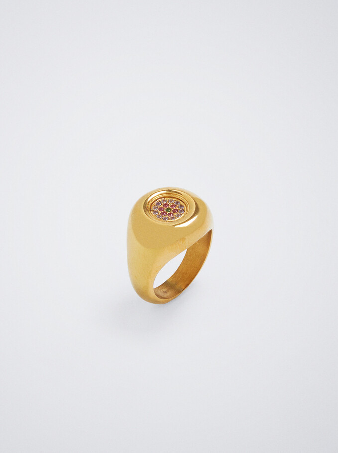 Stainless Steel Signet Ring With Zirconia, Golden, hi-res