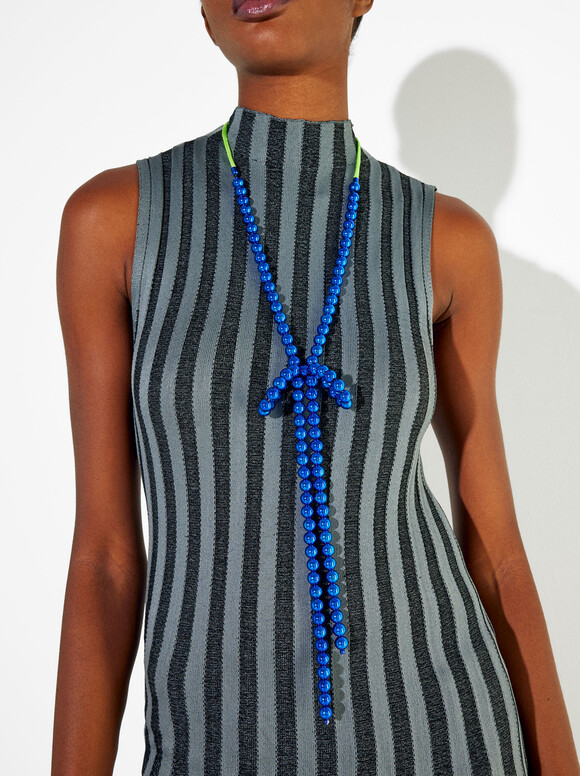 Long Necklace With Bow, Blue, hi-res