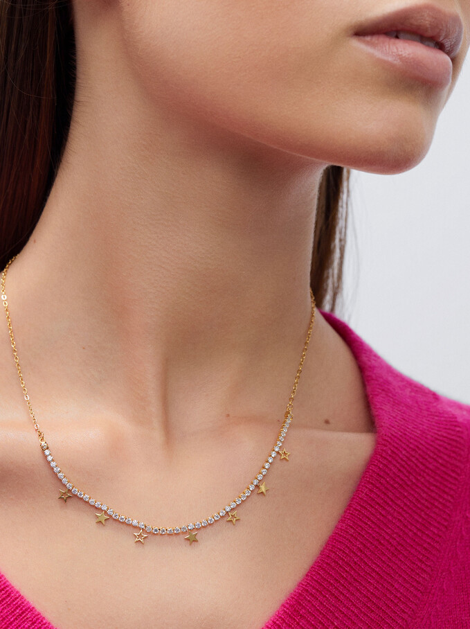 Collar Acero Con Estrellas Y Circonitas, Dorado, hi-res