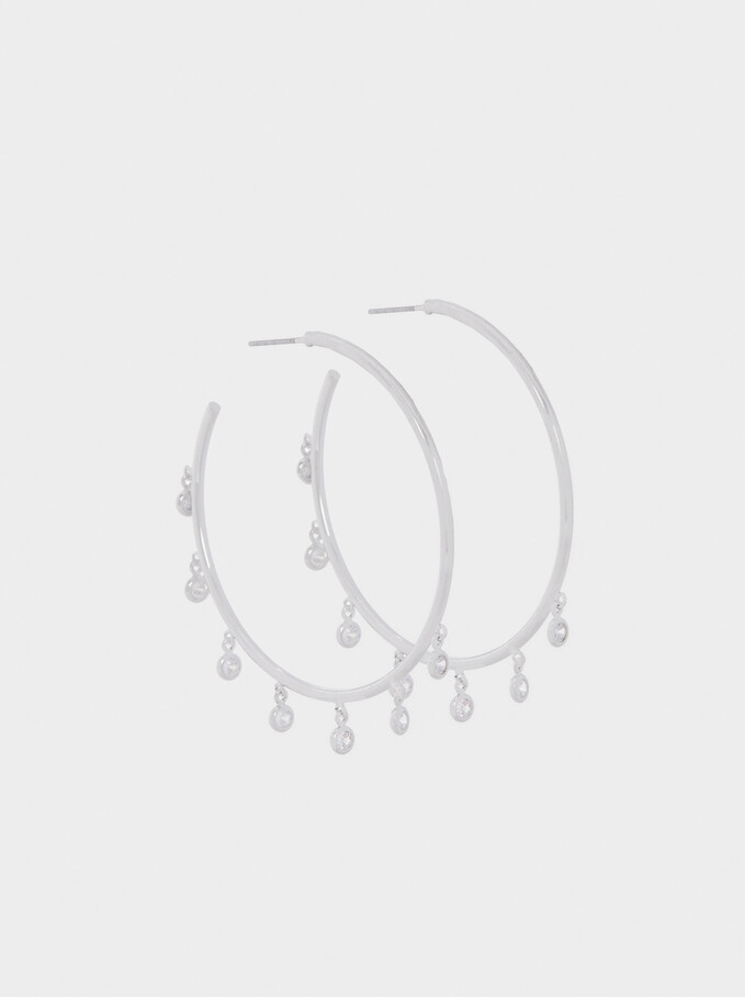 Large Hoop Earrings With Zirconia, Silver, hi-res