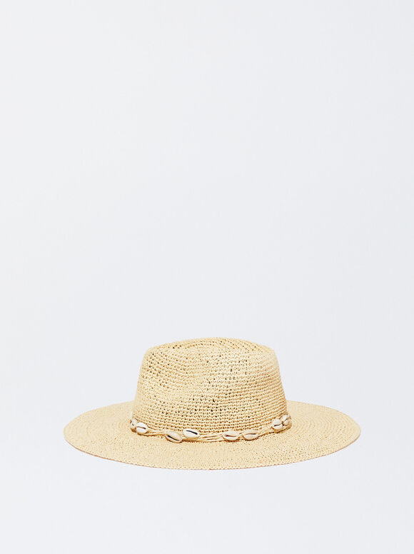 Sombrero Trenzado Con Conchas, Blanco, hi-res