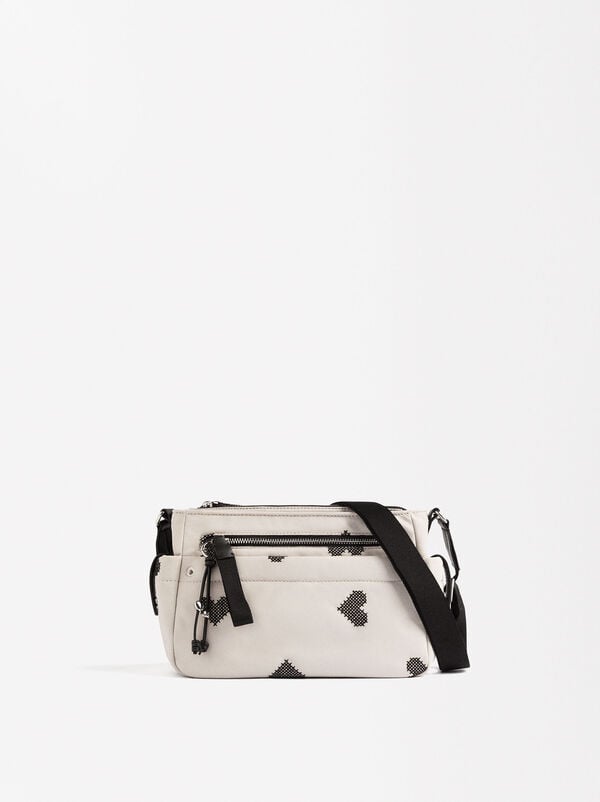 Nylon crossbody bag with hearts embroidery