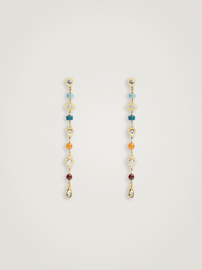 Steel Long Earrings With Semiprecious Stone, Multicolor, hi-res